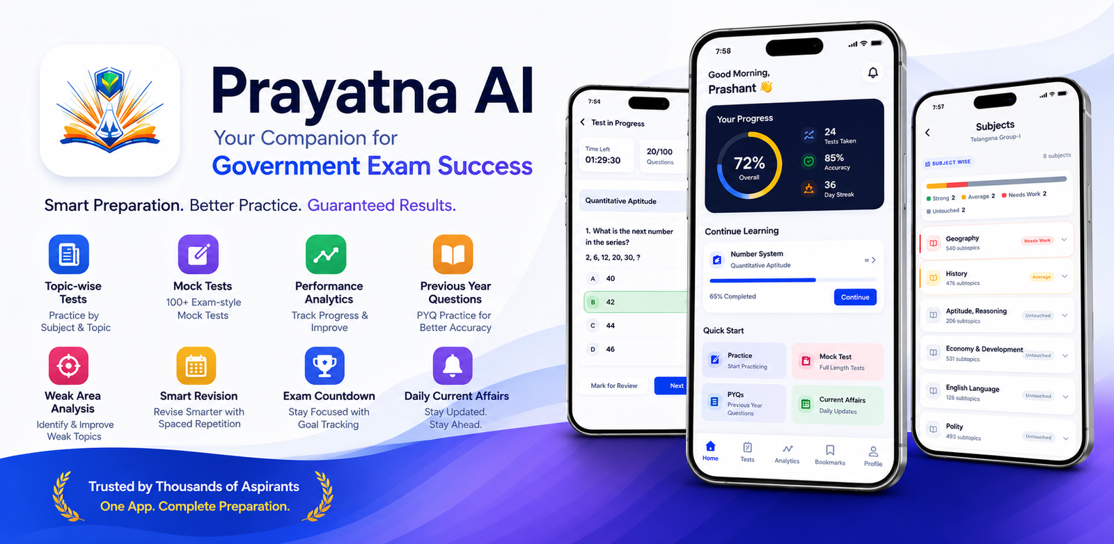 Prayatna AI features and app screens