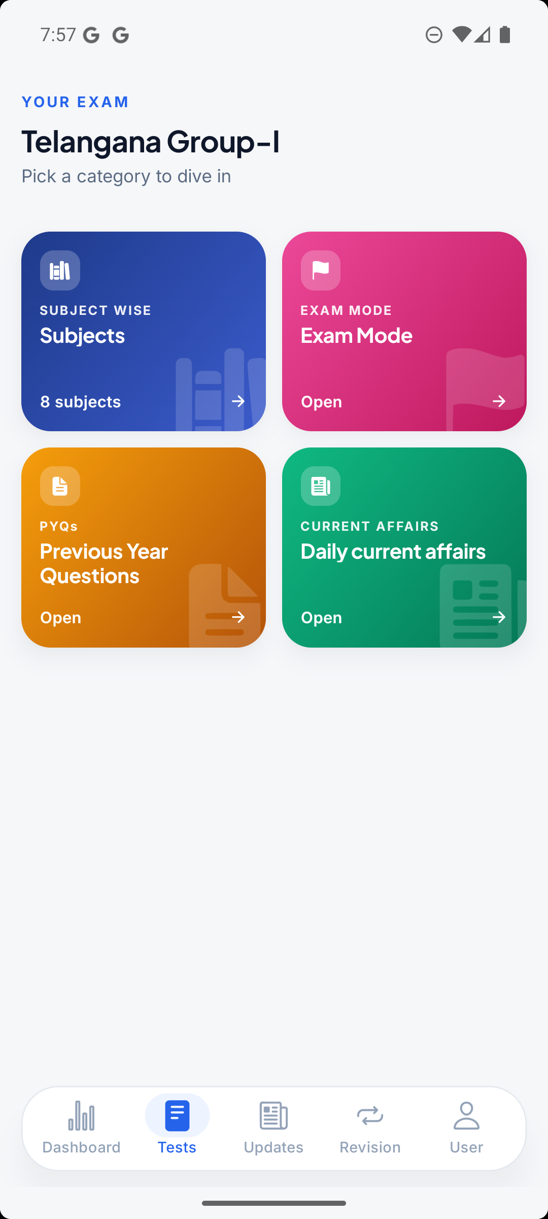 Practice tests categories screen